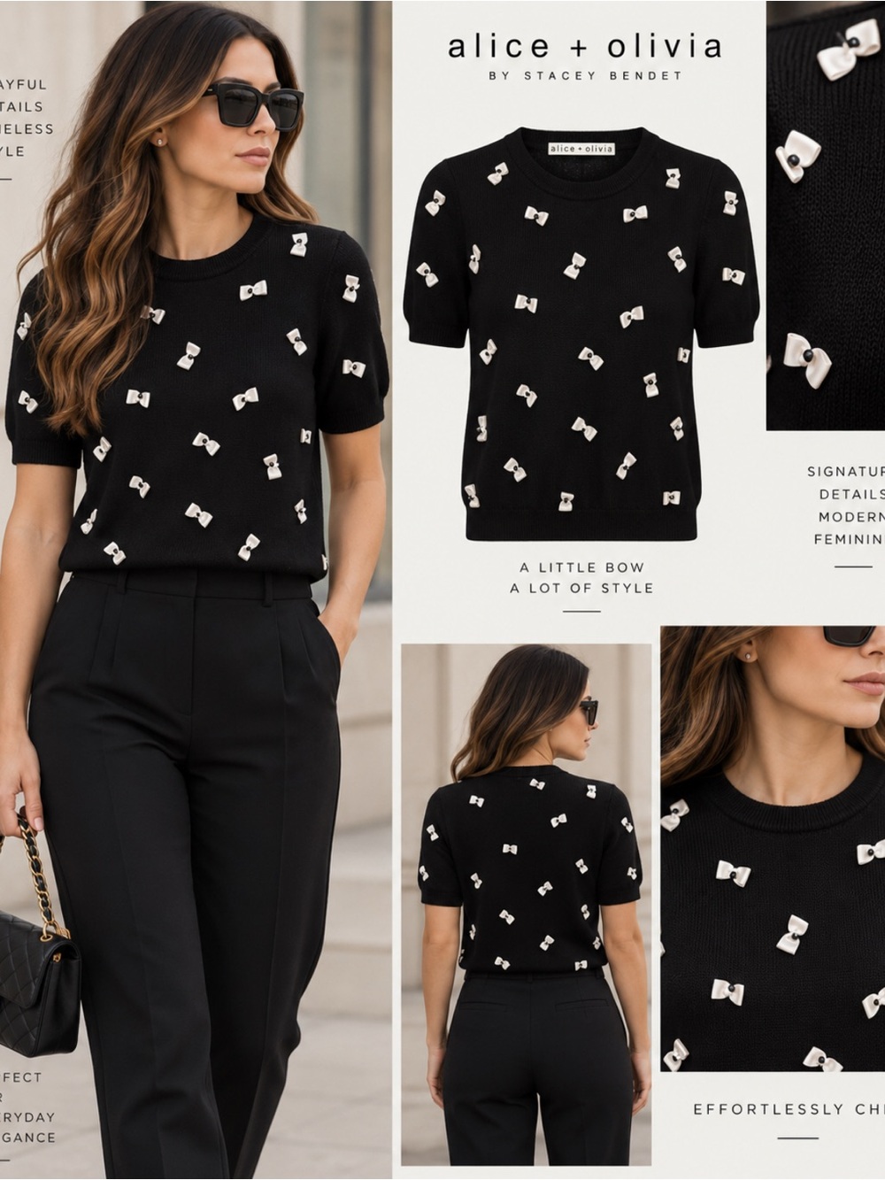 Alice + Olivia Black Short Sleeve Sweater with White Bow Accents